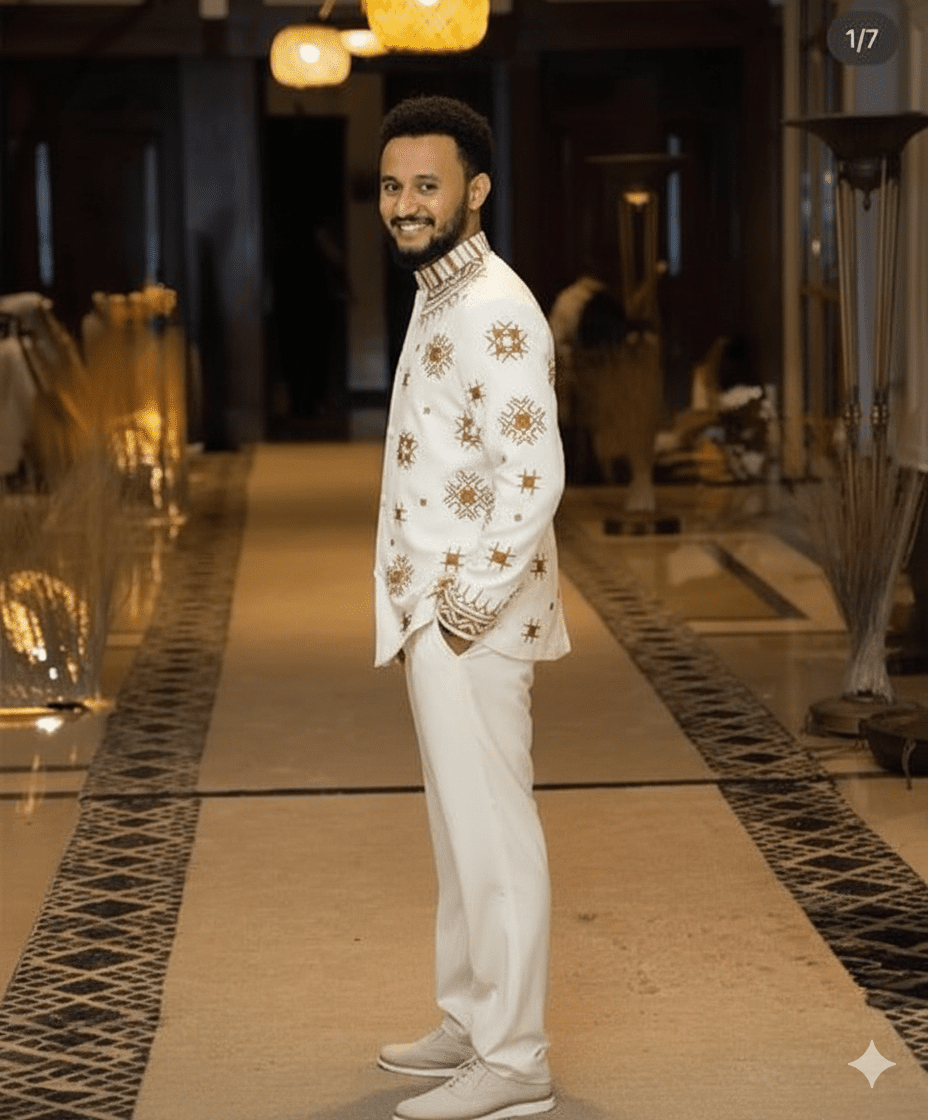 Regal Ethiopian Prince: Traditional Men's White & Gold Embroidered Suit | ETH_M - 0001Men's WearKaba StoreKaba StoreXSEthiopian Traditional Men's White & Gold Embroidered Suit Ethiopian Men's Suit Habesha Suit Ethiopian clothing Habesha clothing 