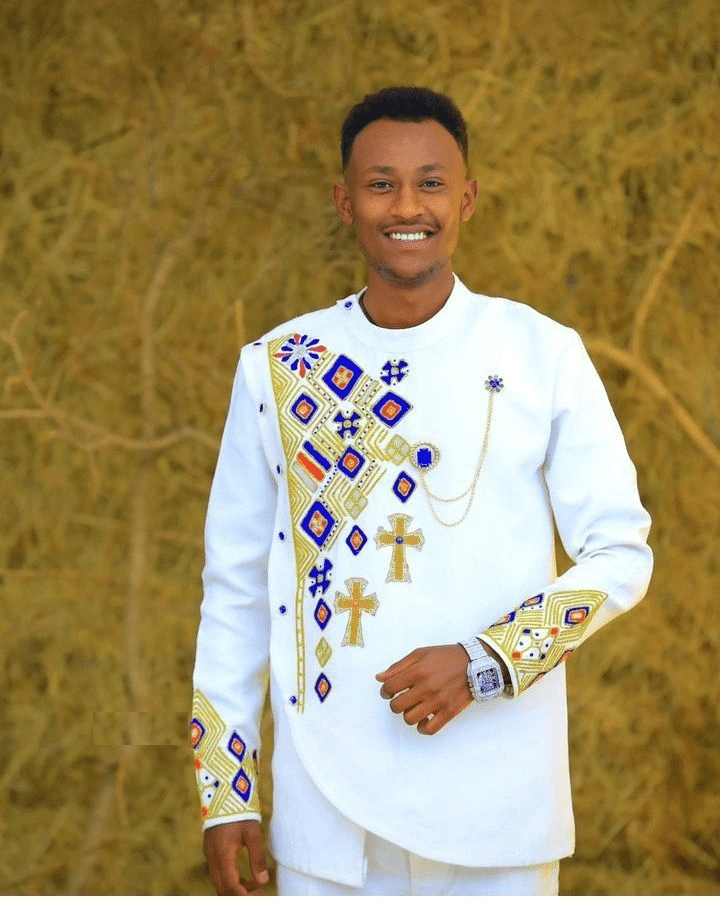 Modern Majesty: Men's Asymmetrical White Kaba with Blue & Gold Tilet | ETH_M - 0011Men's WearKaba StoreKaba StoreXSModern Majesty: Men's Asymmetrical White Kaba with Blue & Gold Tilet | ETH_M - 0011