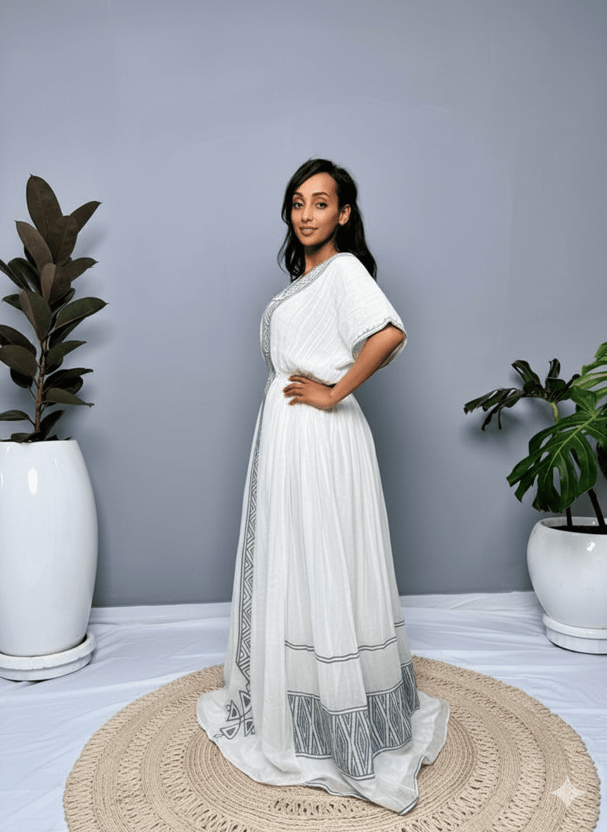 Traditional Ethiopian Habesha Kemis with Grey - Blue Tillet Embroidery | ETH_Wm - 0003Kaba GebeyaKaba StoreXSAll agesTraditional Ethiopian Habesha Kemis with Grey - Blue Tillet Embroidery | ETH_Wm - 0003