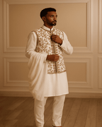 Modern Ethiopian Elegance: Men's White Suit with Teal & Gold Tillet | ETH_M - 0005Men's WearKaba StoreKaba StoreM-0005XSCustomizableModern Ethiopian Elegance: Men's White Suit with Teal & Gold Tillet | ETH_M - 0005