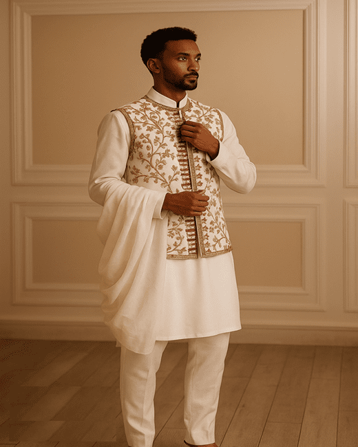 Modern Ethiopian Elegance: Men's White Suit with Teal & Gold Tillet | ETH_M - 0005Men's WearKaba StoreKaba StoreM-0005XSCustomizableModern Ethiopian Elegance: Men's White Suit with Teal & Gold Tillet | ETH_M - 0005