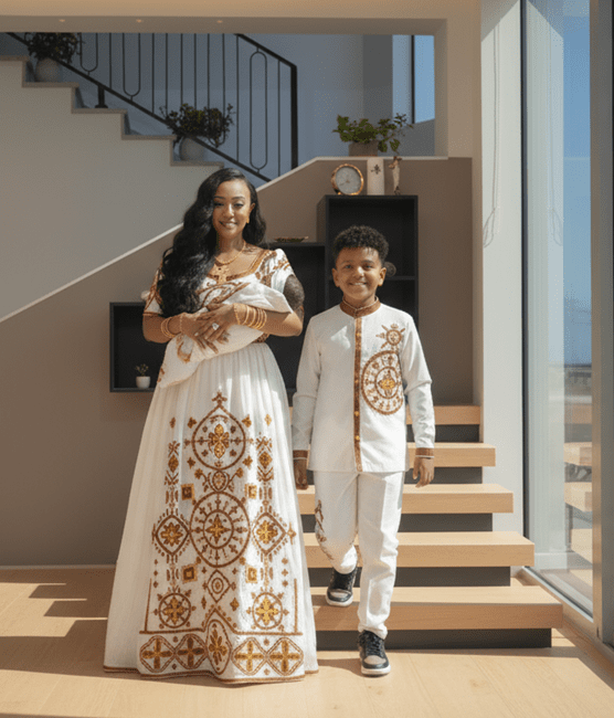 🌟Regal Ethiopian Family Portrait Ensemble – Coordinated White, Brown &amp; Gold Attire for Weddings and Celebrations | ETH - GM_0002Group MatchingKaba StoreKaba StoreXSCustomizableAll ages🌟Regal Ethiopian Family Portrait Ensemble – Coordinated White, Brown &amp; Gold Attire for Weddings and Celebrations | ETH - GM_0002