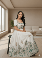 Exquisite Habesha Kemis – Ethiopian Traditional White Cotton Dress with Teal &amp; Gold T'el'e't Embroidery | ETH_W - 0006Women'sKaba StoreKaba Store1XSAll agesExquisite Habesha Kemis – Ethiopian Traditional White Cotton Dress with Teal &amp; Gold T'el'e't Embroidery | ETH_W - 0006