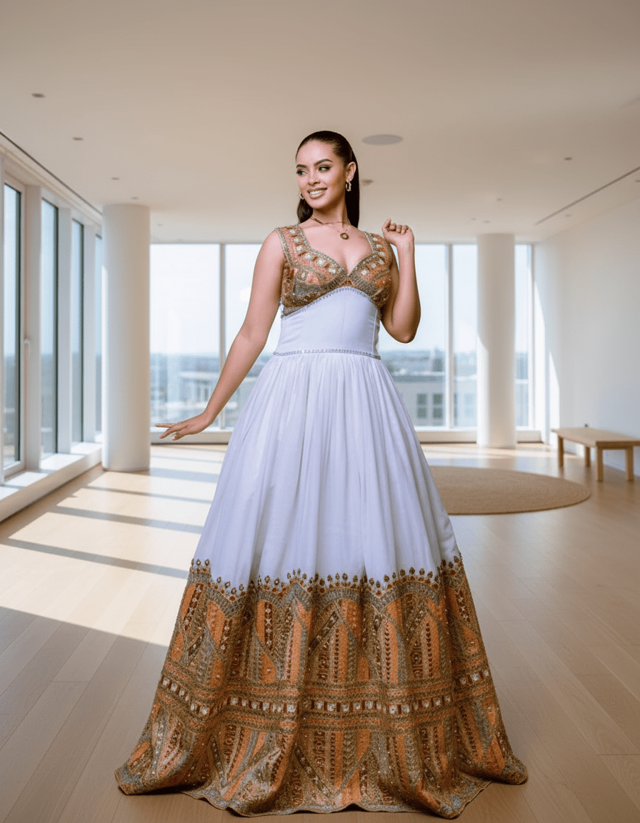 Luxury Habesha Kemis – Contemporary Sleeveless Evening Gown with Bronze & Gold T'el'e't Embroidery | ETH_W - 0007Women'sKaba StoreKaba Store1XSAll agesCustomizableLuxury Habesha Kemis – Contemporary Sleeveless Evening Gown with Bronze & Gold T'el'e't Embroidery | ETH_W - 0007