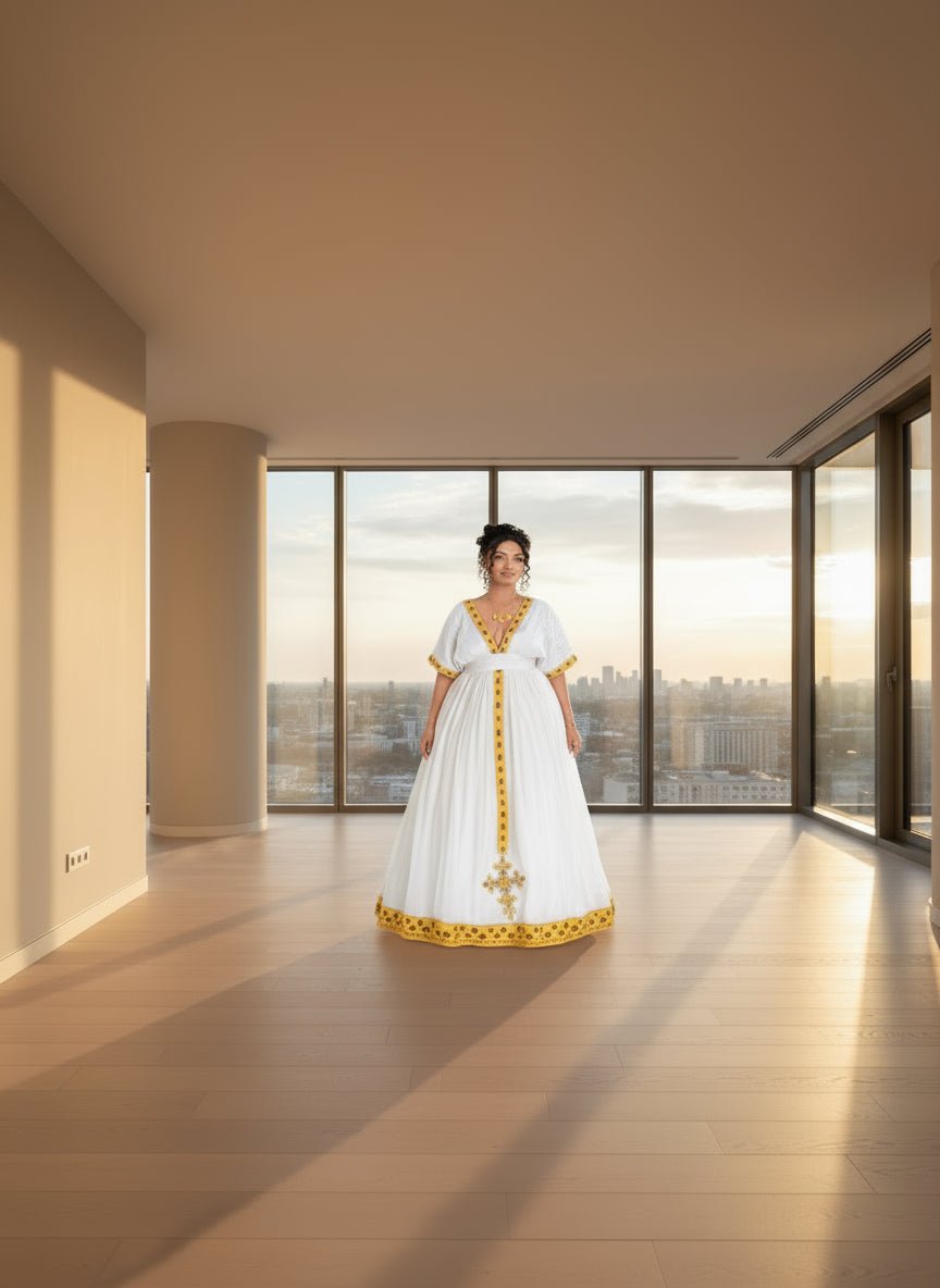Elegant Habesha Kemis – Ethiopian Traditional White Cotton Dress with T'el'e't Embroidery | ETH_W - 0005Women'sKaba StoreKaba Store1XSAll agesWoman wearing a white dress with yellow accents on a plain background