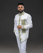 Modern Ethiopian Elegance: Men's White Suit with Teal & Gold Tillet | ETH_M - 0003Men's WearKaba StoreKaba StoreETH_M-0003XSCustomizableModern Ethiopian Elegance: Men's White Suit with Teal & Gold Tillet | ETH_M - 0003