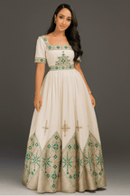Exquisite Habesha Kemis – Ethiopian Traditional White Cotton Dress with Teal &amp; Gold T'el'e't Embroidery | ETH_W - 0006Women'sKaba StoreKaba Store1XSAll agesExquisite Habesha Kemis – Ethiopian Traditional White Cotton Dress with Teal &amp; Gold T'el'e't Embroidery | ETH_W - 0006
