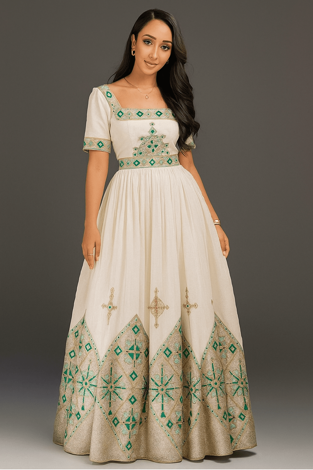Exquisite Habesha Kemis – Ethiopian Traditional White Cotton Dress with Teal &amp; Gold T'el'e't Embroidery | ETH_W - 0006Women'sKaba StoreKaba Store1XSAll agesExquisite Habesha Kemis – Ethiopian Traditional White Cotton Dress with Teal &amp; Gold T'el'e't Embroidery | ETH_W - 0006
