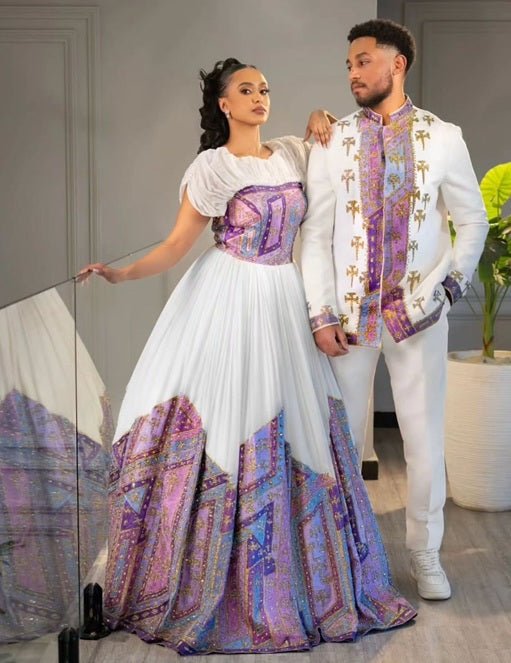 Lavender & Gold Elegance: Modern Ethiopian Couple's Wedding Attire | ETH_Cp - 0003CouplesKaba StoreKaba StoreAny ColorXSAll agesModern Ethiopian Couple's Wedding Attire Ethiopian traditional clothes Habesha Kemis Ethiopian dress Habesha dress Ethiopian Men's Suit Habesha Suit Ethiopian clothing Habesha clothing 