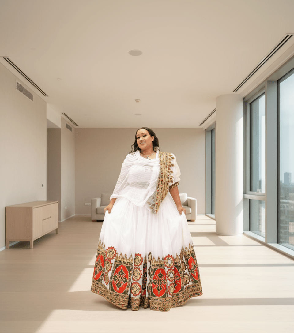 🌟 Grand Habesha Kemis Ensemble – Traditional Ethiopian White Cotton Dresses with Red &amp; Gold T'el'e't Embroidery for Celebrations | ETH - GM - 0005Group MatchingKaba StoreKaba StoreXSCustomizable🌟 Grand Habesha Kemis Ensemble – Traditional Ethiopian White Cotton Dresses with Red &amp; Gold T'el'e't Embroidery for Celebrations | ETH - GM - 0005