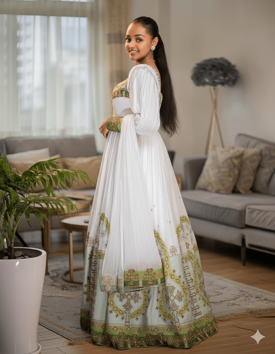 Emerald Elegance: White Ethiopian Habesha Kemis with Green & Gold Tillet Embroidery | ETH_Wm - 0001Women'sKaba StoreKaba StoreXSAll agesWoman in a white and green embroidered traditional outfit. Ethiopian wedding Habesha brides  Ethiopian Embroidery Colors Tilet for Epiphany/Baptism Tilet Color Occasion Kaba Store Products Kaba Store Heritage Tilet Color Meaning Habesha Tilet Guide Habesha Style Gallery Habesha Kemi Symbolism Habesha Embroidery Motifs Ethiopian Wedding Style Ethiopian Wedding Co
