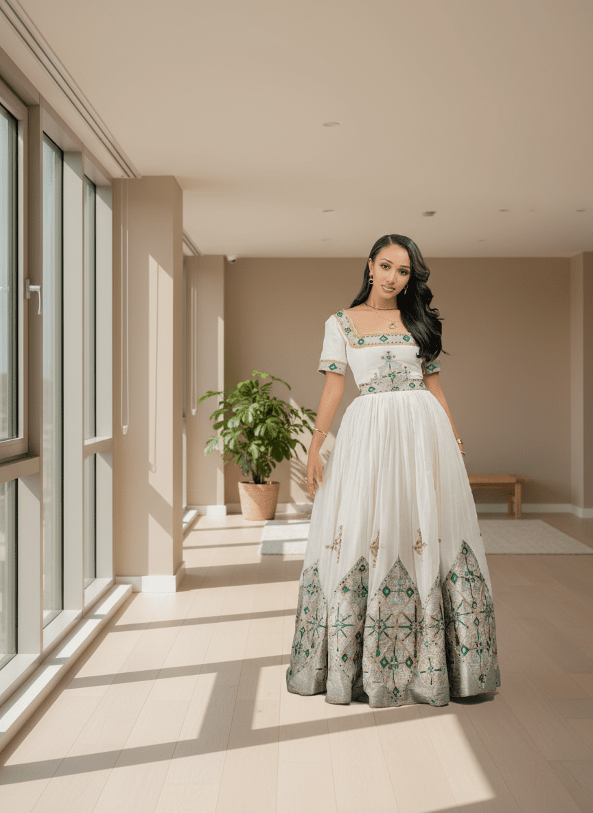 Exquisite Habesha Kemis – Ethiopian Traditional White Cotton Dress with Teal &amp; Gold T'el'e't Embroidery | ETH_W - 0006Women'sKaba StoreKaba Store1XSAll agesExquisite Habesha Kemis – Ethiopian Traditional White Cotton Dress with Teal &amp; Gold T'el'e't Embroidery | ETH_W - 0006