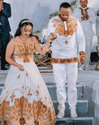 Regal Union: Ethiopian Wedding Couple's Attire in Gold and White Tillet | ETH_Cp - 0001CouplesKaba StoreKaba StoreXSAll agesCustomizableEthiopian Wedding Couple's Attire in Gold and White Tillet Ethiopian traditional clothes Habesha Kemis Ethiopian dress Habesha dress Ethiopian Men's Suit Habesha Suit Ethiopian clothing Habesha clothing 