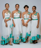 🌟 Modern Bridal Party Habesha Kemis – Matching One - Shoulder Dresses with Teal & Gold T'el'e't Embroidery | ETH - GM_0004Group MatchingKaba StoreKaba StoreXS🌟 Modern Bridal Party Habesha Kemis – Matching One - Shoulder Dresses with Teal & Gold T'el'e't Embroidery | ETH - GM_0004