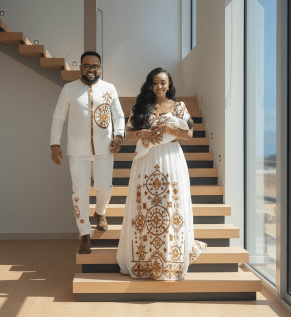 🌟Regal Ethiopian Family Portrait Ensemble – Coordinated White, Brown &amp; Gold Attire for Weddings and Celebrations | ETH - GM_0002Group MatchingKaba StoreKaba StoreXSCustomizableAll ages🌟Regal Ethiopian Family Portrait Ensemble – Coordinated White, Brown &amp; Gold Attire for Weddings and Celebrations | ETH - GM_0002