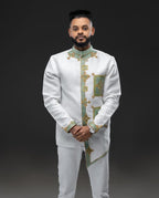 Modern Ethiopian Elegance: Men's White Suit with Teal & Gold Tillet | ETH_M - 0003Men's WearKaba StoreKaba StoreETH_M-0003XSCustomizableModern Ethiopian Elegance: Men's White Suit with Teal & Gold Tillet | ETH_M - 0003