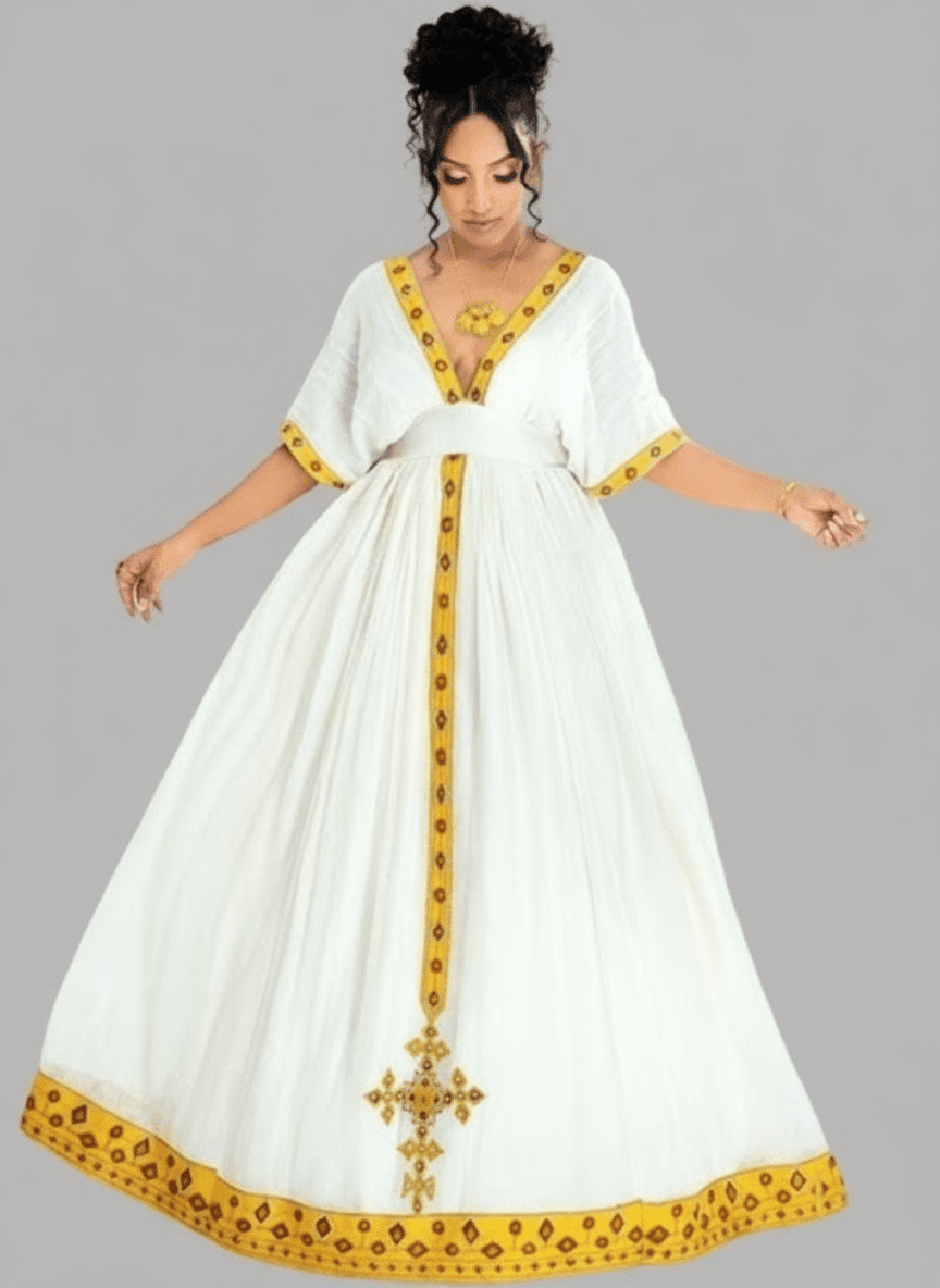 Elegant Habesha Kemis – Ethiopian Traditional White Cotton Dress with T'el'e't Embroidery | ETH_W - 0005Women'sKaba StoreKaba Store1XSAll agesElegant Habesha Kemis – Ethiopian Traditional White Cotton Dress with T'el'e't Embroidery | ETH_W - 0005